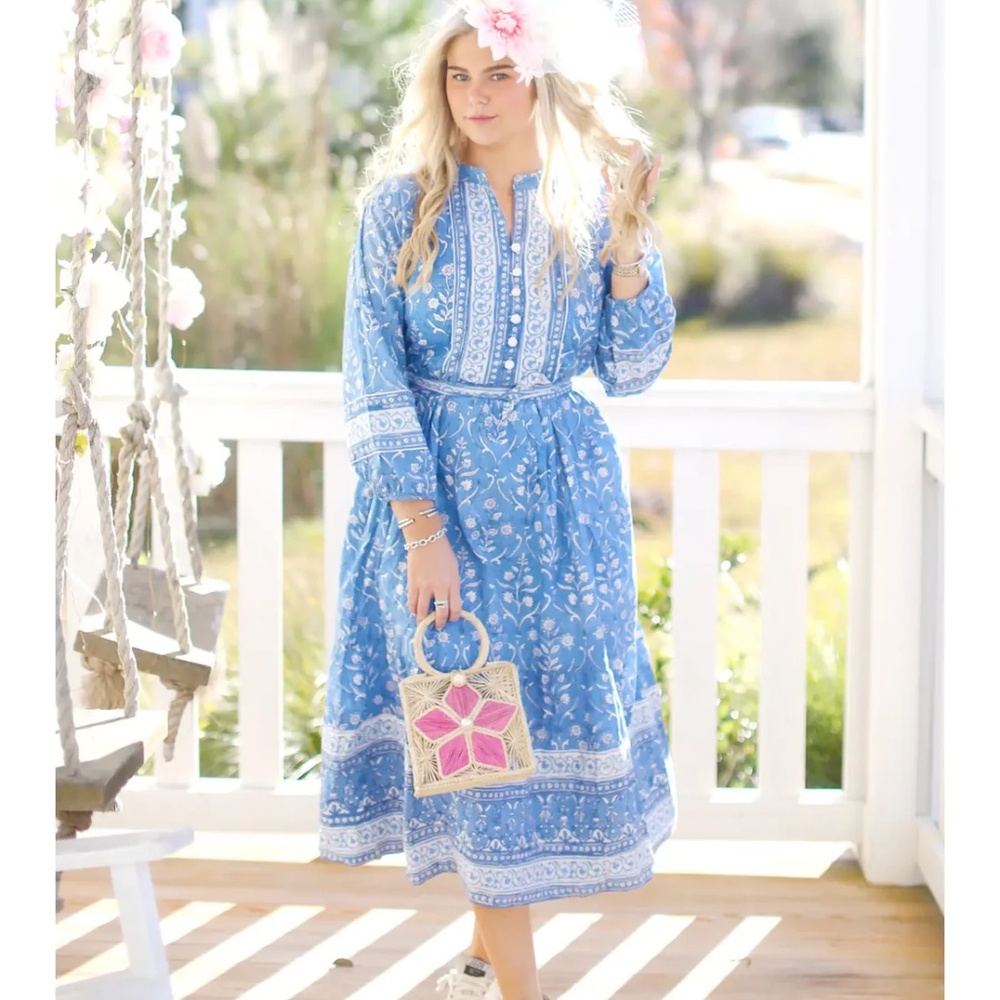 Boho Blue Printed Midi Dress with Belt
